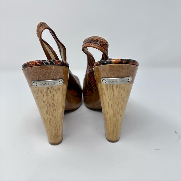MICHAEL Michael Kors Orange Leather Snakeskin Wooden Heel Platform Sandals - Picture 3 of 7